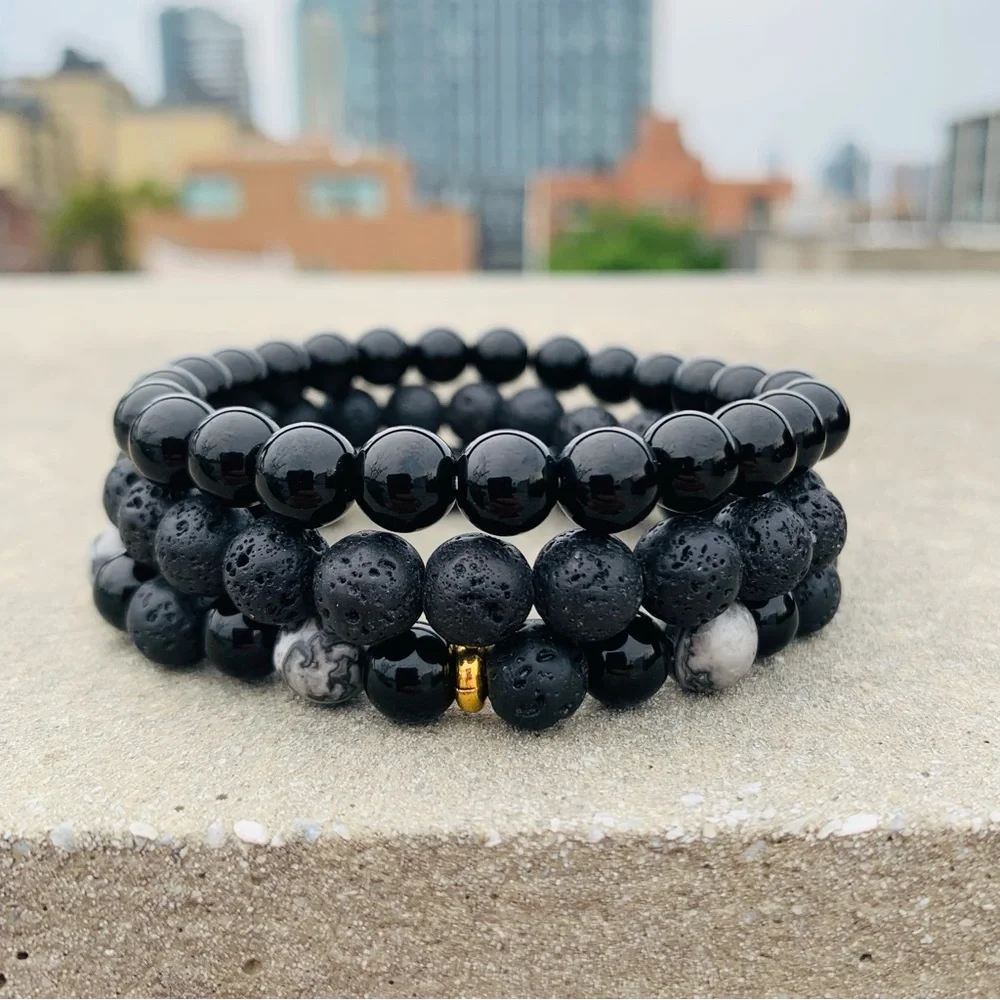 3pcs Set Mix Men’s Round Beaded Stone Elastic Bracelets